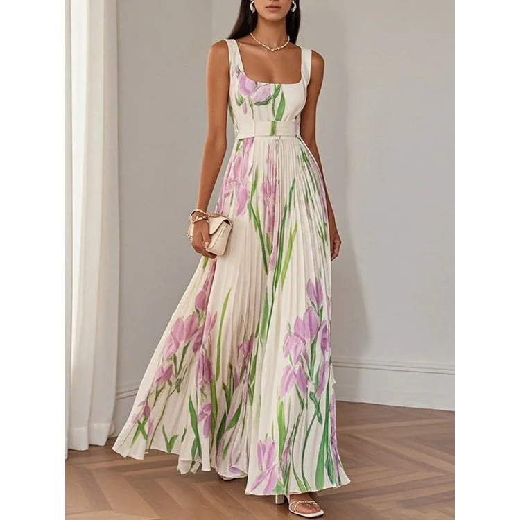 Wholesale 2025 Women Casual Dress Square Neck Backless Elegant Temperament Flower Printed Dress Pleated Casual Dress,2 Pieces