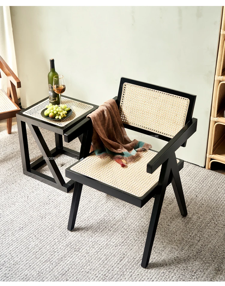 北欧古风休闲美式咖啡单人酒店庭院家具藤编藤木扶手椅藤条餐椅