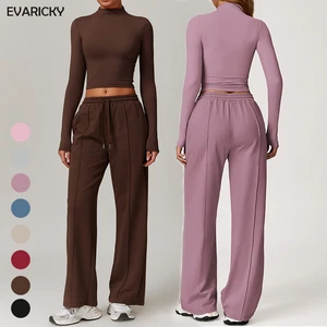 Customizable Women Gym Clothes Running Workout Two Piece Long Sleeve Crop Top High Waist Wide Leg Pant Set Breathable Quick Dry