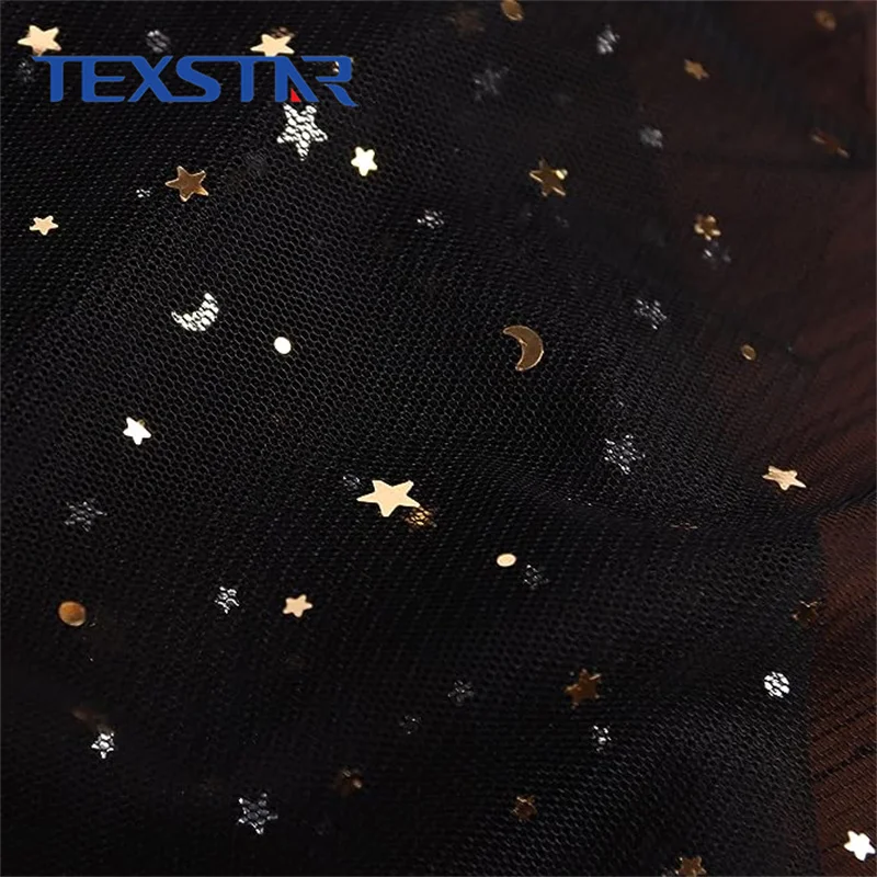 100% Polyester Star Tulle Black with Gold Moon Mesh Fabric for Tutu Skirt
