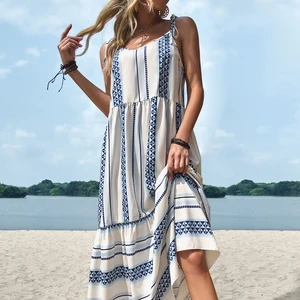 JSN Crew Neck Suspender Backless High Waist Striped Casual Vest Large Swing Women's Dress