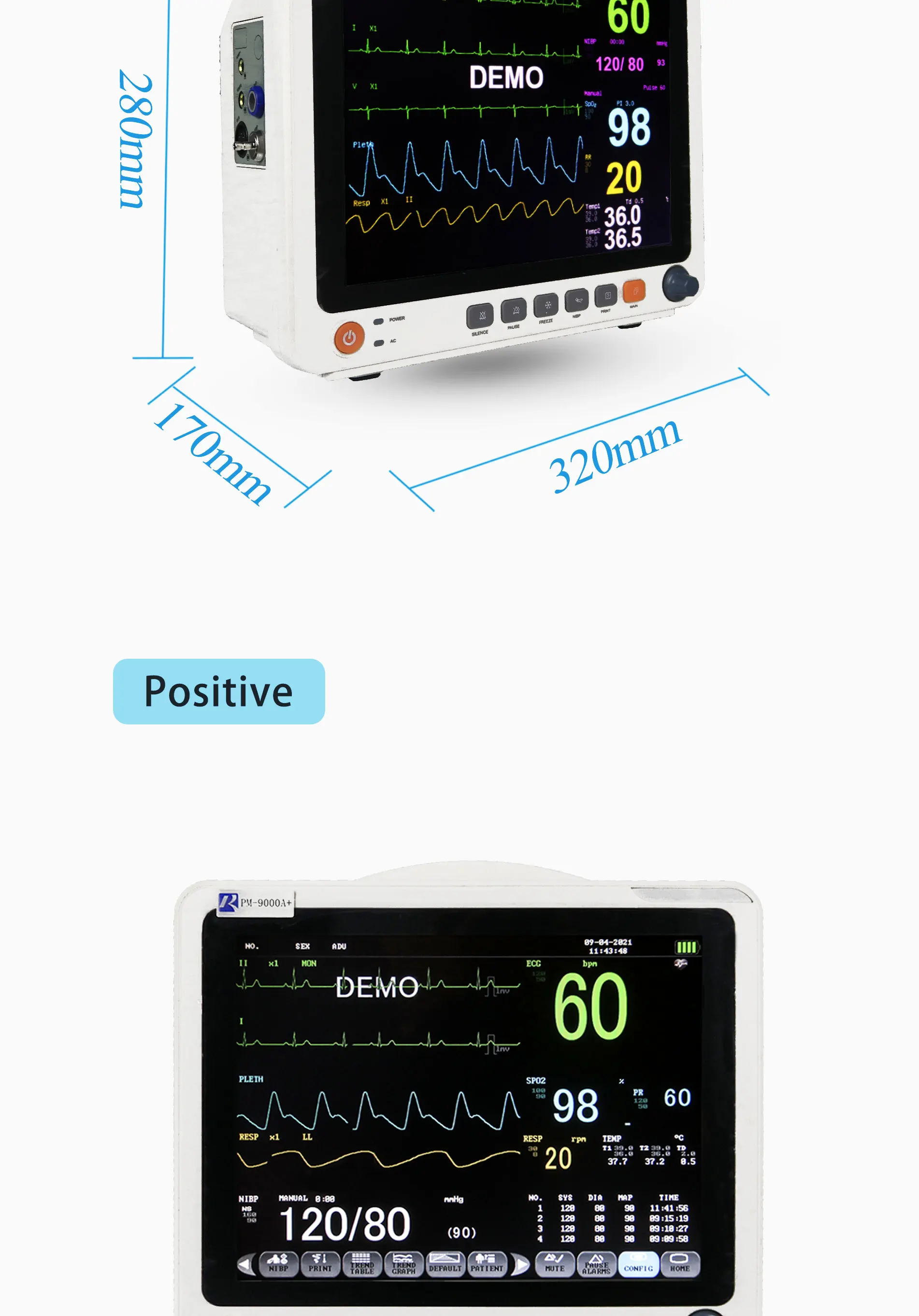 Rainbow PM-9000A+ Multi Parameter Patient Monitor with 100-240V Power Supply 1 Year Warranty and 2 Years Shelf Life