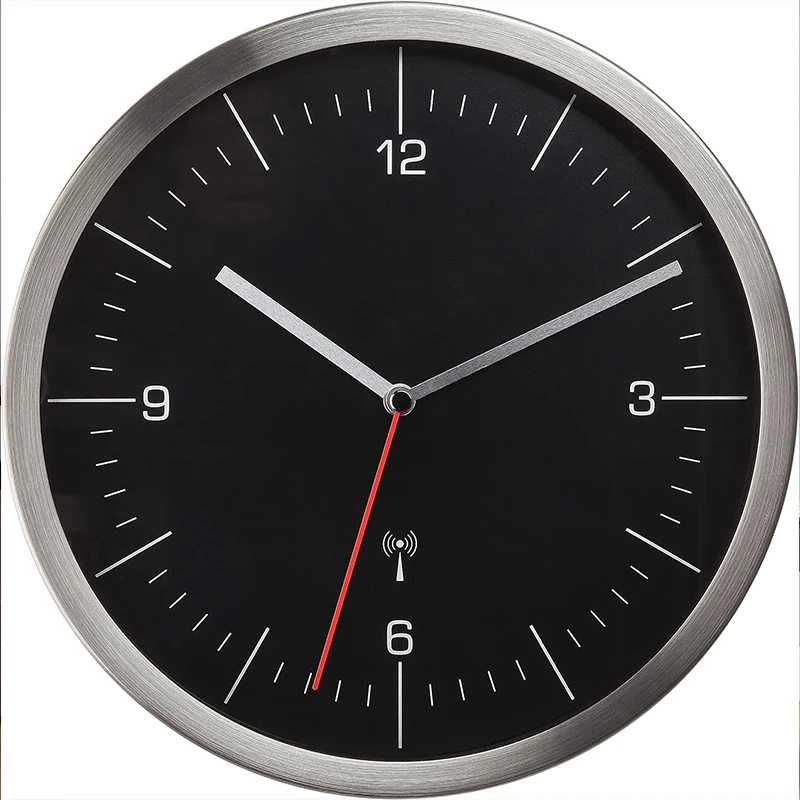12 Inch Round Simple Black Radio Controlled Aluminum Clocks Frame Ntp Luxury Modern Atomic Wall Clock for Living Room