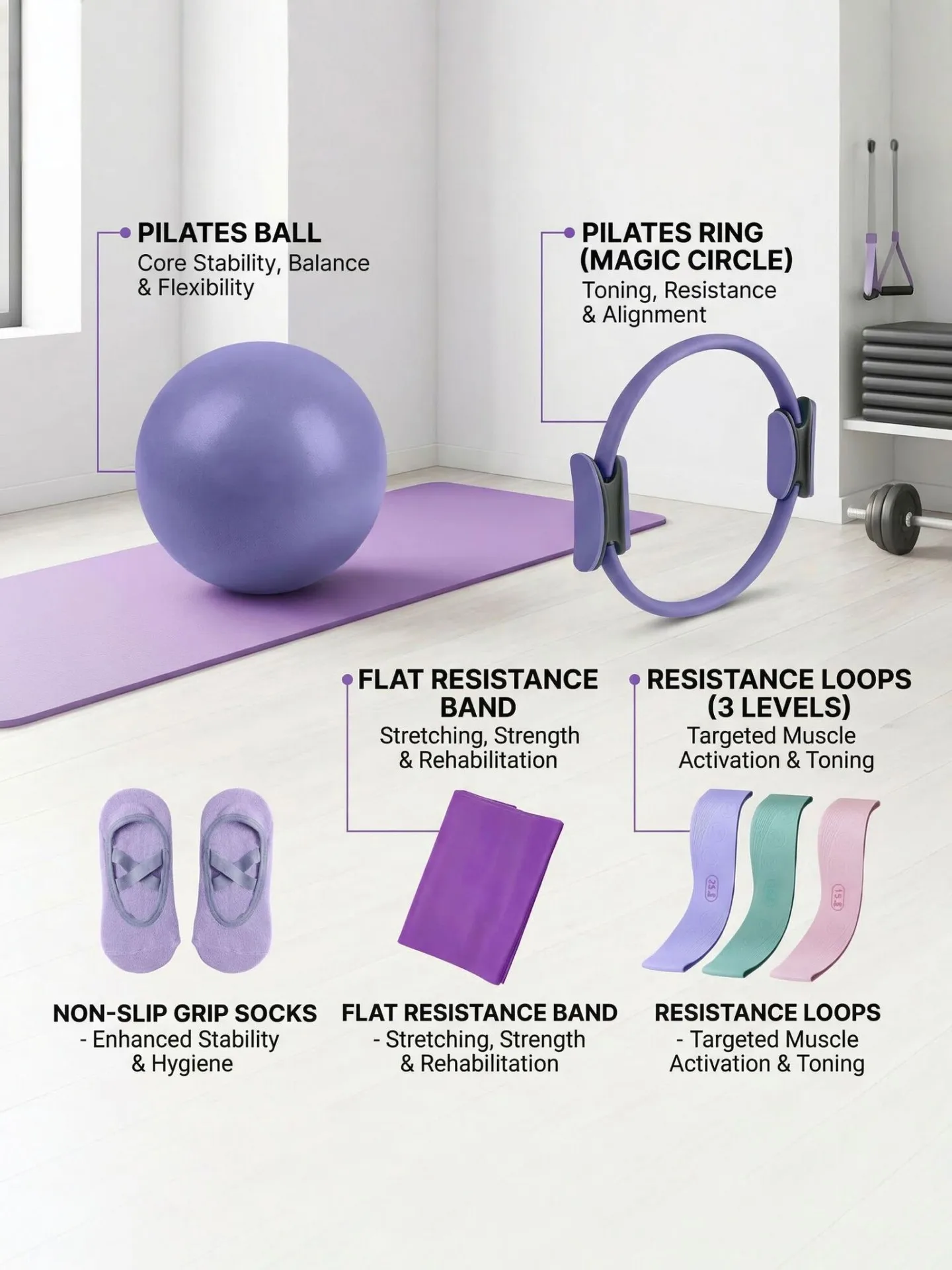 7 and 9 Piece Pilates Ring Set with Yoga Ball and Resistance Bands for Home Fitness