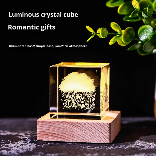 Glowing Crystal Cube Carved Moon Deer Figurine for Stress Relief Rainy Day Clouds & Solar System Birthday Gift for Girls