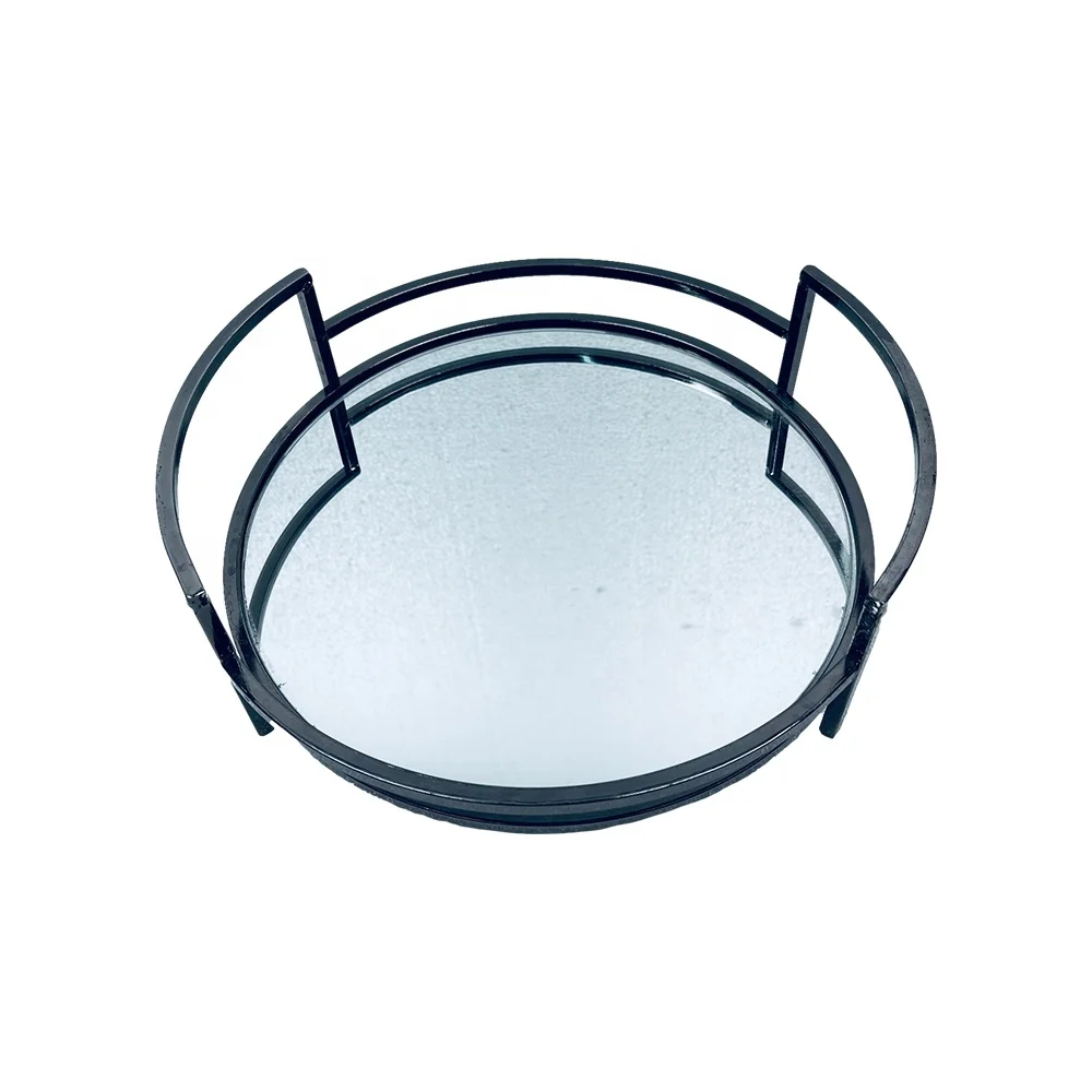 Decorative Tabletop Mirror Tray Round Serving Tray With Glass Top Food