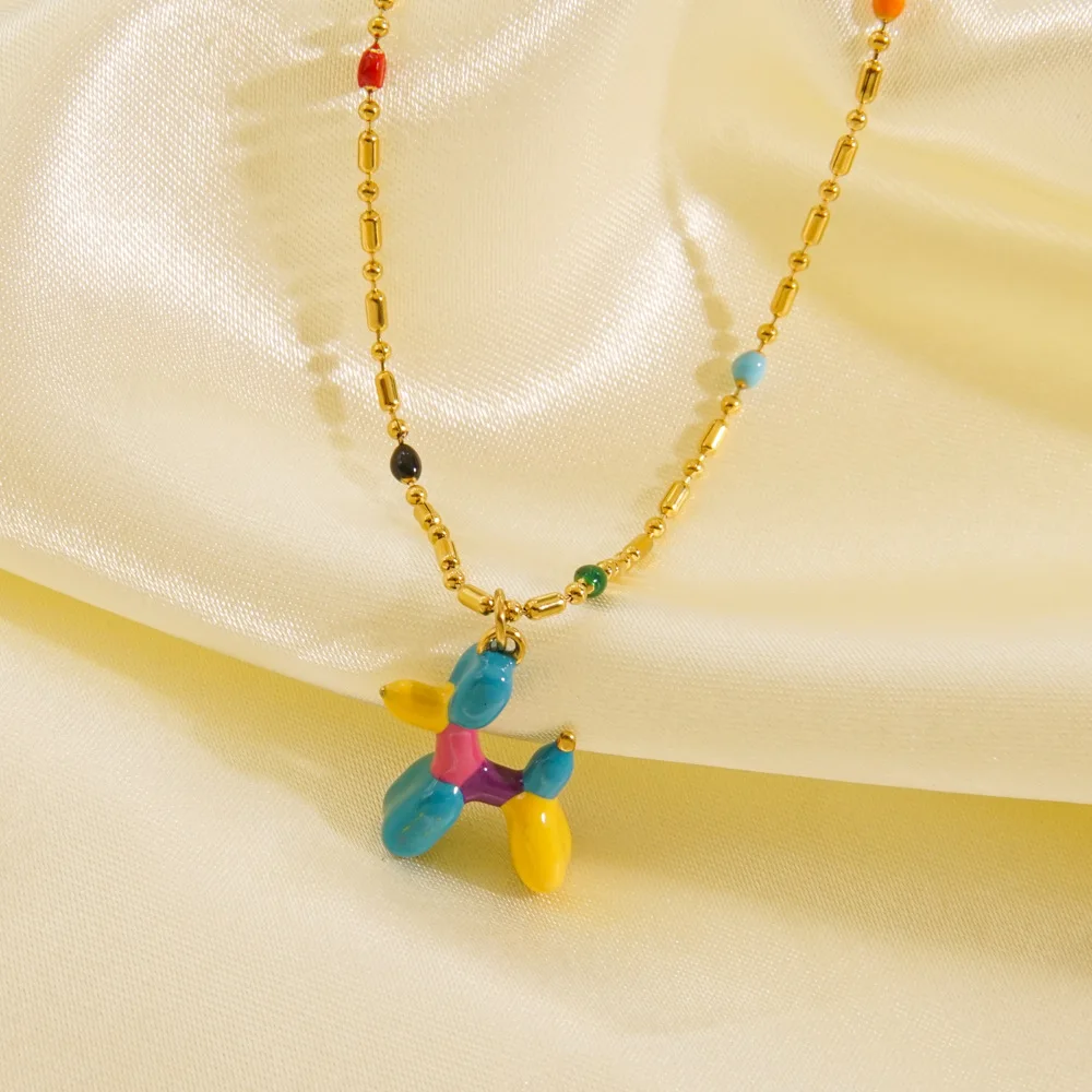 Sweet Colorful Enamel Smile Face and Cute Dog Pendant Necklace Waterproof Gold Plated Stainless Steel Necklace for Women Girls