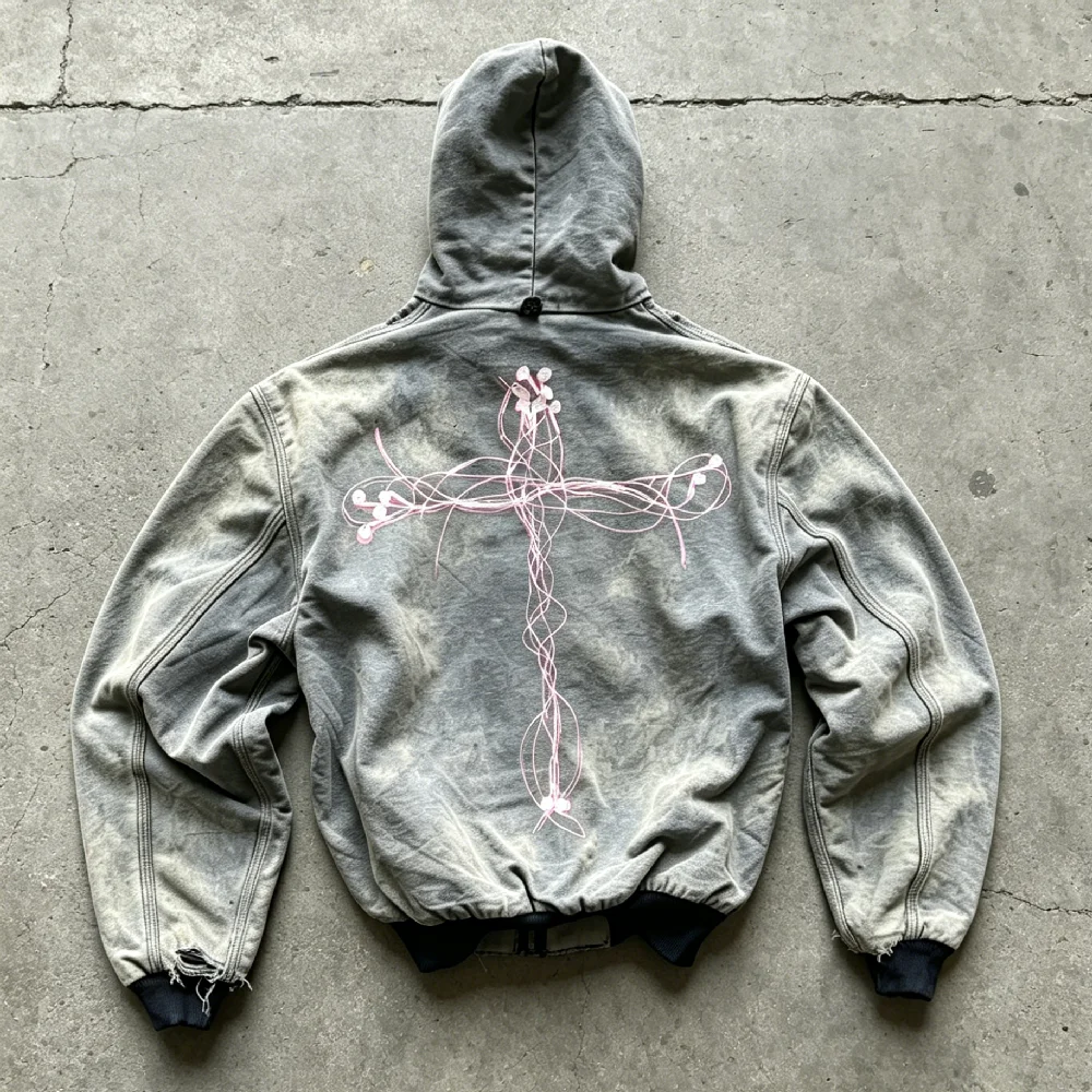 Men Custom Y2K Vintage Wash Heavyweight Thick Real Tree Camouflage Distressed Patch Applique Embroidery Zip up Hoodie gallery 2