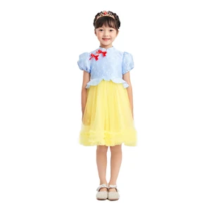 Red Bow Accent Blue-Yellow Tulle Dress Kids Traditional Outfit for Cultural Gatherings