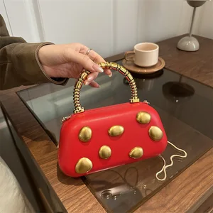 Women's Gold Accent Clutch Decorative Stud Evening Purse with Chain Strap Lady Fashion Party Handbags