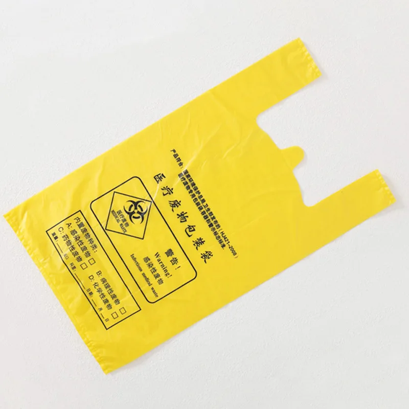 disposable plastic LDPE HDPE yellow red biohazard waste bags T shirt infectious trash bags with W cut handle