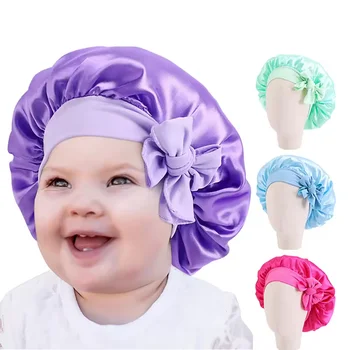 Baoli New Design Adjustable Hair Satin Bonnet For Kids Knitted Baby Bonnets With Bow Tie Bow Satin Turban Hat