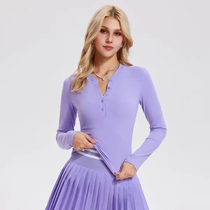 Customized Logo Printing Women's Slim Fit Soft Shirts Breathable Deep V-Neck Long Sleeve Solid Color Casual Wear Plain