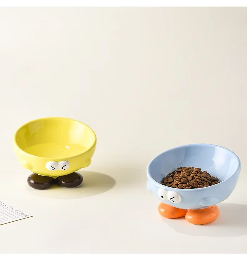 Creative Cute Expression Eco-Friendly Tall Ceramic Pet Bowl Comfortable Rounded Cat/Dog Feeding Spine Protection Slant Solid details