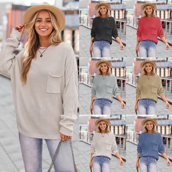 Custom winter hot selling solid color chic pocket decoration turtleneck women's bottom knit pullover sweater