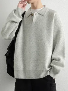 Simple Polo Neck Men's Sweater Autumn New POLO  Retro Collar Loose Lazy Style Single Button Cardigan