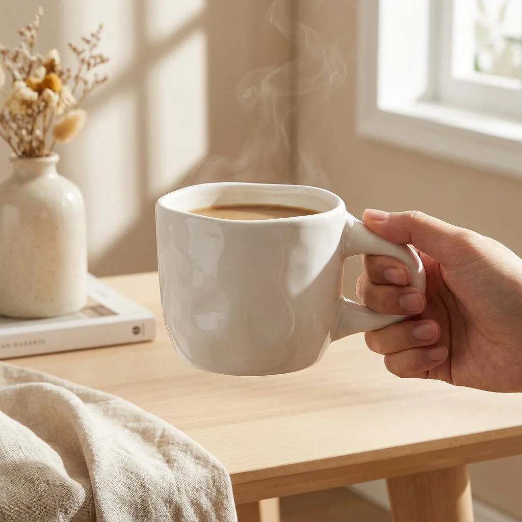 Nordisk minimalistisk uregelmessig keramisk kaffekopp med solid håndtak for moderne kontor- og hjemmekafé