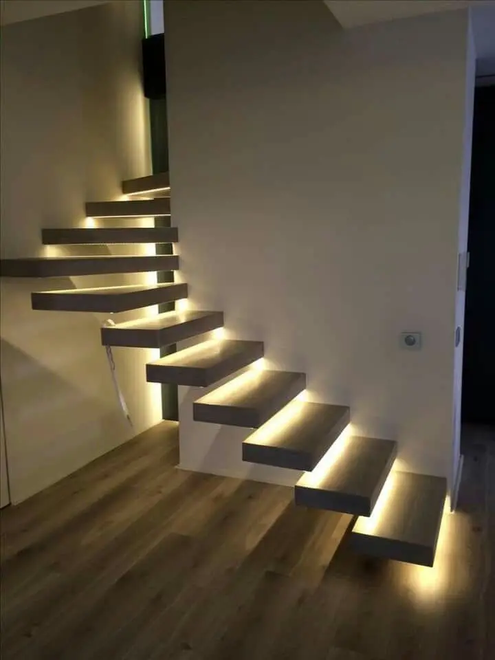 LED Light Automatic System Indoor Straight Floating Staircase Modern Carbon Steel Safety 12mm Tempered Glass Open Riser Stairs