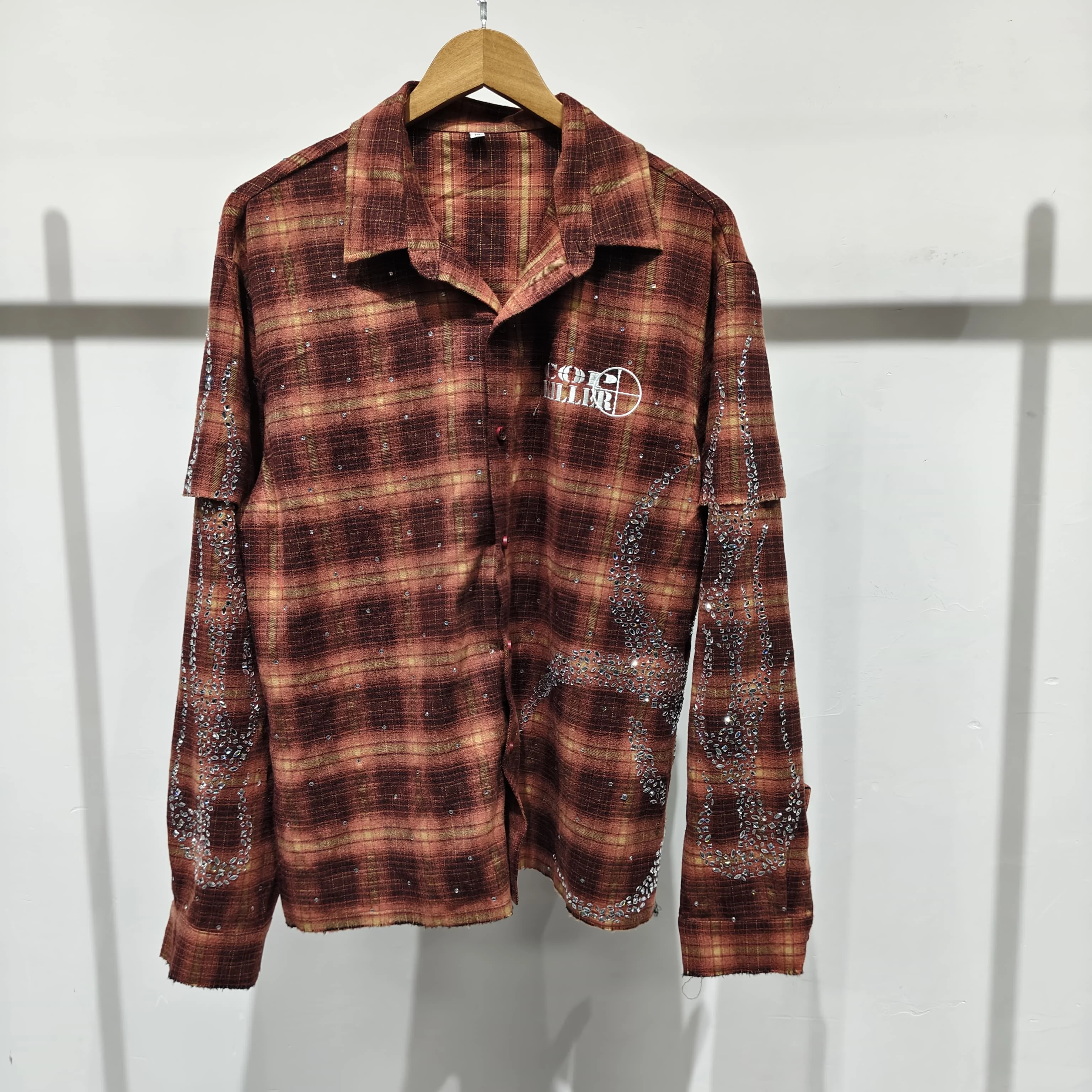 Custom High Quality 100% Cotton Vintage Oversized Streetwear Plaid Flannel Long Sleeve Shirt with Rhinestone