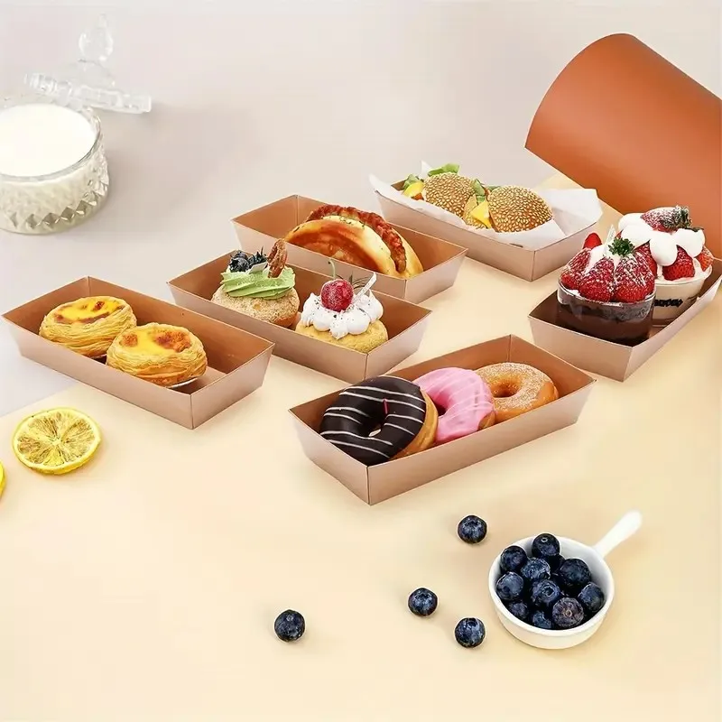 Brown Kraft Paper Rectangle Disposable Food Containers Cake Boxes with Clear Lid For Sandwich, Taco, Egg Tart, Cupcake, Donut