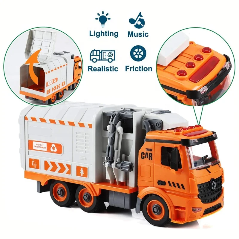 Scale 1/12 Assembly Friction Powered 4 Buttons Light and Music Big Size Garbage Truck STEM Vehicle Toys for Kids