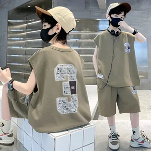 New Summer Boys' Clothing Sets 6-15 Years Old Fashionable Casual Prints 2-Piece Suit Sleeveless Big Kids' Cotton