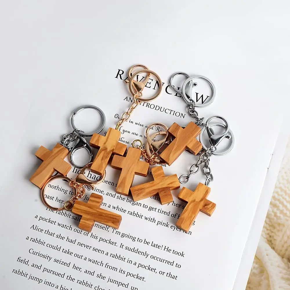 Olive Wood Cross Keyring - Symbolize Faith, Hope, and Charity