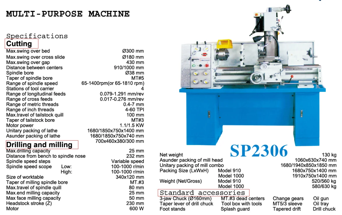 SP2306 Milling Lathe Combo Machine Fraisage Tour Combinaison