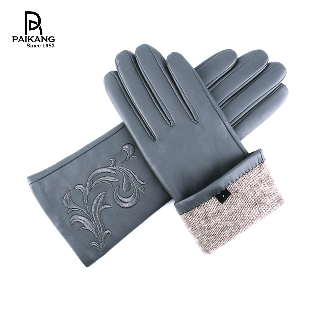 Зимняя Мода женские мягкие кожаные перчатки вышитый дизайн