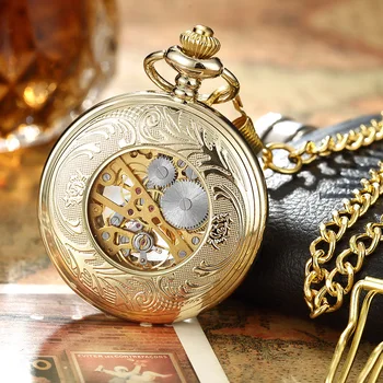 Steampunk Blue Hands Scale Mechanical Skeleton Pocket Watch with Chain