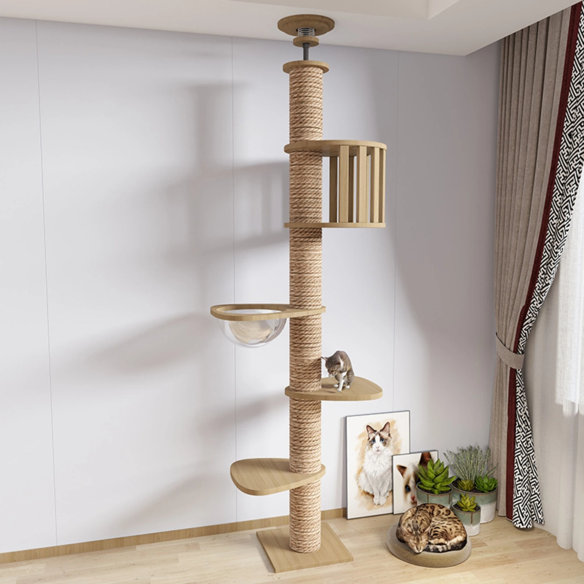 Cat Tree Floor To Ceiling 5-tier Tower Cat Climbing Wooden Frame Tree ...