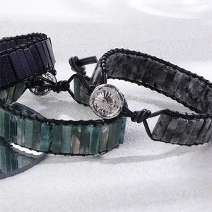 Cool Black Handmade Multi-Color Classic Chakra Bracelet Natural Stone Tube Beads Geometric Leather Wrap Anniversary Gift Bangles