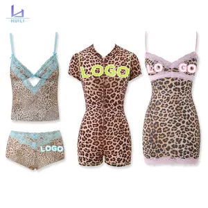 Huili Oem New Trending Breathable Stretch Slimming Fit Matching Set Custom logo Pajamas Leopard Print Loungewear Sets for Women