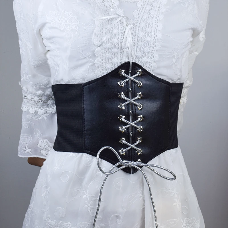 Tied Waspie Wide Belt for Halloween Costume Black Corset Belt for Women SUOSDEY Vintage Lace-up Elastic Waist Belt 