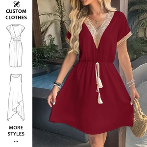 Women's short Sleeve A Line Dress V Neck Vacation Short casual Dresses