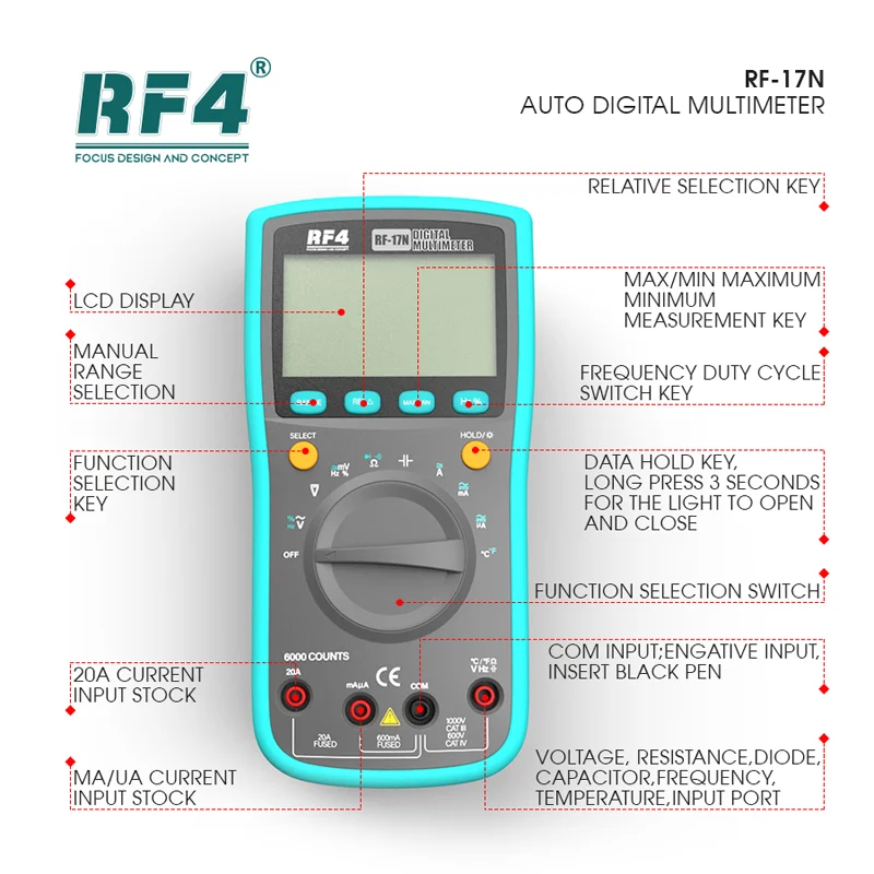 RF4 RF-17N Auto Range Digital Multimeter True RMS 6000 Counts Temperature Tester Shockproof for Mobile Phone Circuit Repair