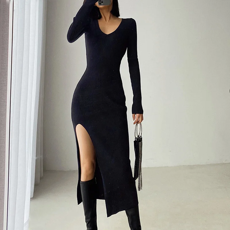 New Design Long Sleeve Solid Color Party Dresses Black Women Casual ...