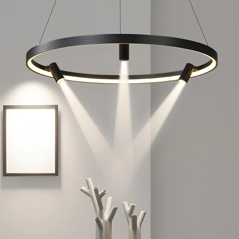 Modern järnchandelier med ringformad LED-lampa för matsal, vardagsrum, kontor och klädaffär – kreativ, enkel designerstrålkastarlampa