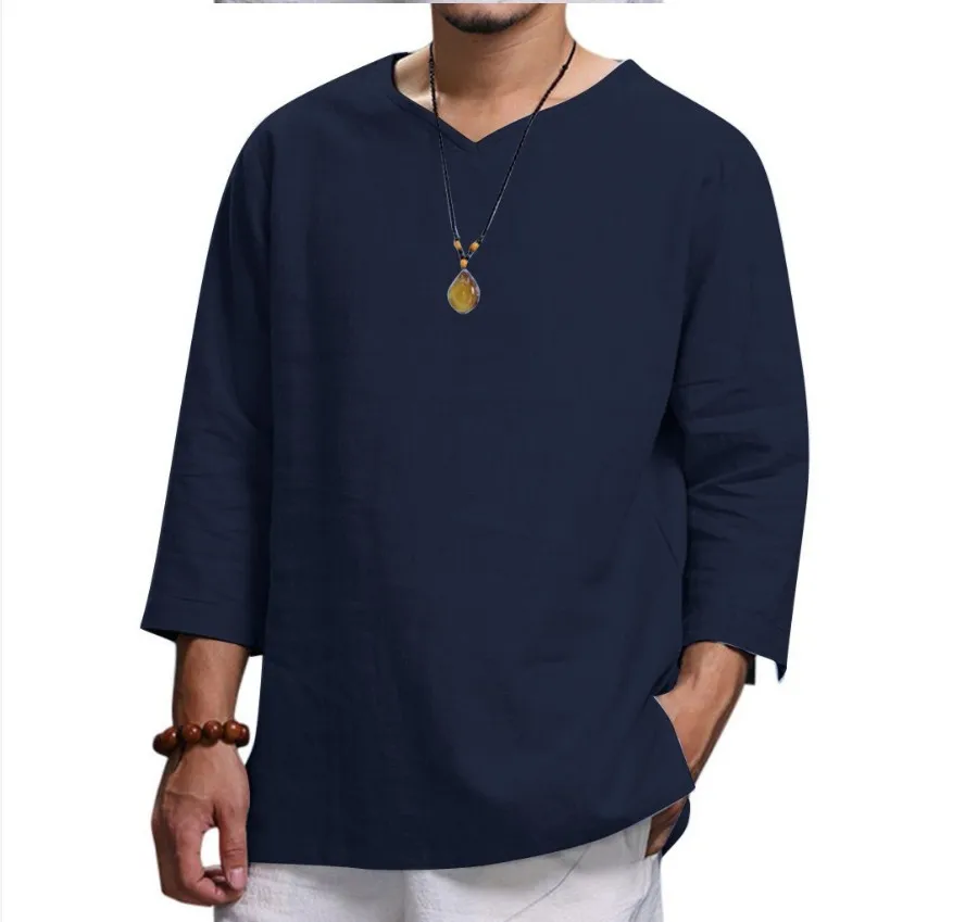 2021 Fashion Casual Loose V neck Linen Men's Shirt