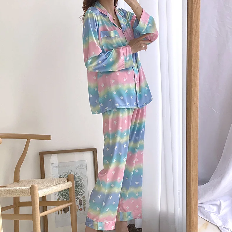 Ladieshow Femme Ensemble De Pyjamas 2 Pcs Satin Vêtements de Nuit Manche Longue Sleepwear