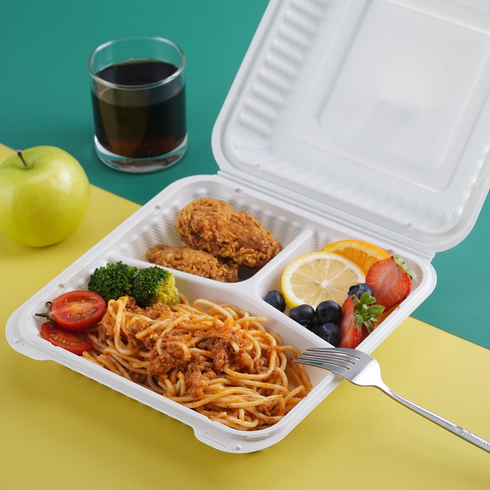 8x8x3 Takeway Lunch Box 3 Compartment Clamshell Hinged Togo Containers