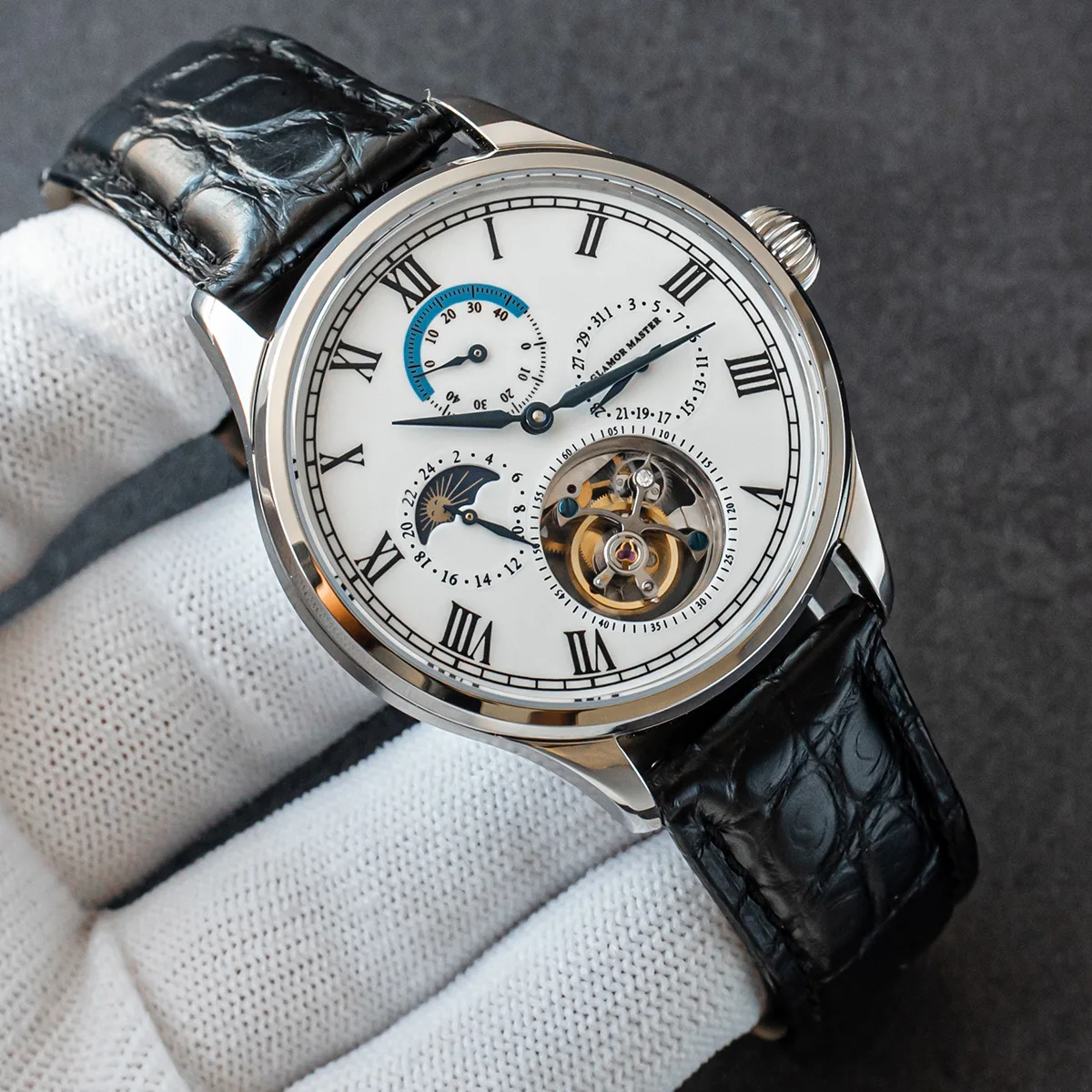 Freies Schiff Lager Luxus echte Möwe Skelett Mondphase Tourbillon