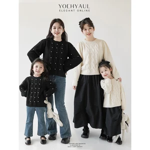 Girls Hand-Stitched Gorgeous Pearl Puff Sleeves Parent-Child Sweater Children's Cute Lazy Style Loose Top