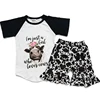 Cow Graphic Raglan Tee & Cow Print Ruffle Shorts