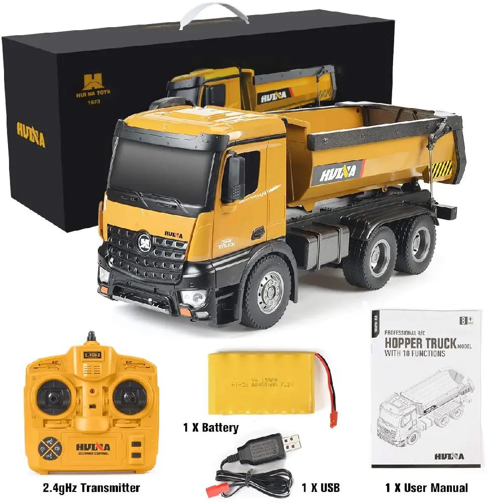 HUINA 1573 1/14 10CH RC Dumping Truck 2.4GHz Toys Remote Control Dump Self-Discharging Engineering Truck LED Light RC Truck Toy