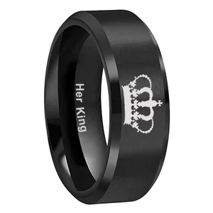 Coolstyle Jewelry 8mm Black Tungsten Anniversary Engagement Rings for Men Her King Engraved Beveled Matte Comfort Fit