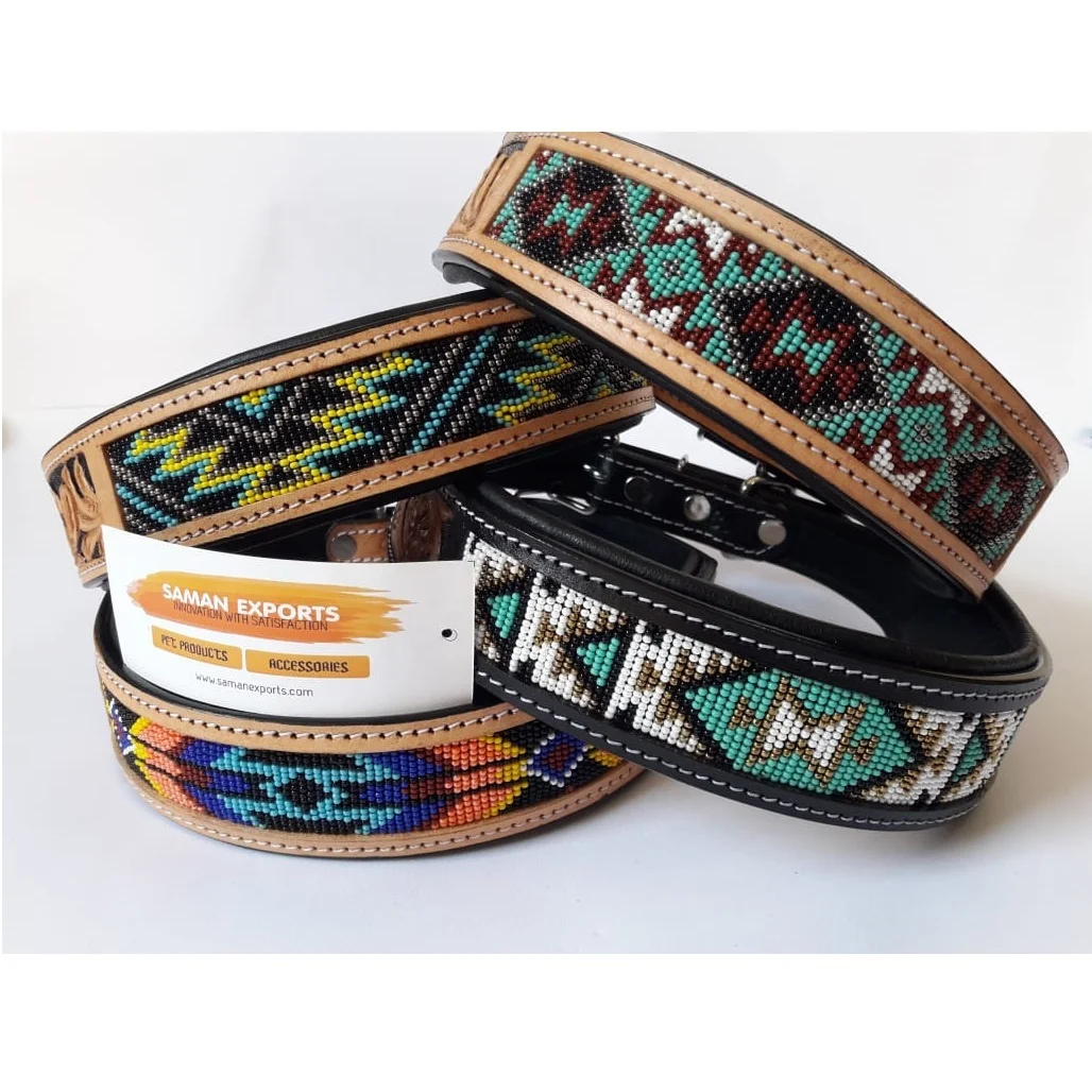 Personalized 100 Genuine Leather Beaded Dog Collar With Extra Soft