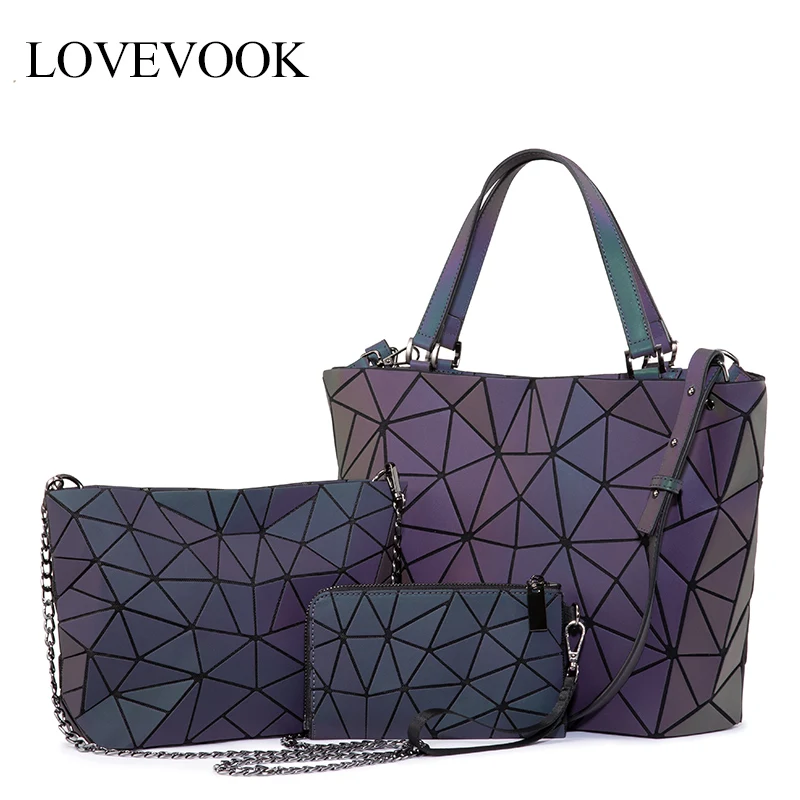 Lovevook women handbag luxury shoulder bag set folding Totes crossbody bag female purse and wallet for ladies luminous color