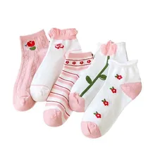 Fashion Sweet Pink Flower Girl Crew Socks  Custom Cotton Short Preppy Style Socks for Women