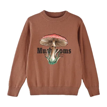 Kai Qi clothing  brown  new round neck pullover sweater knitted sweater mushroom pattern thread collar cuff Fashion casual
